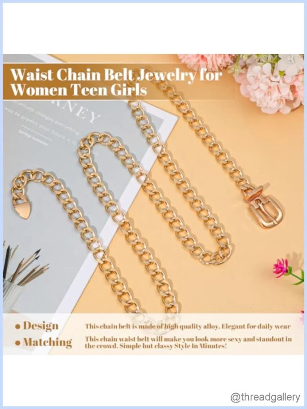 Gold Stainless Steel Chain Waist Belt Adjustable Women's Dress Jeans
